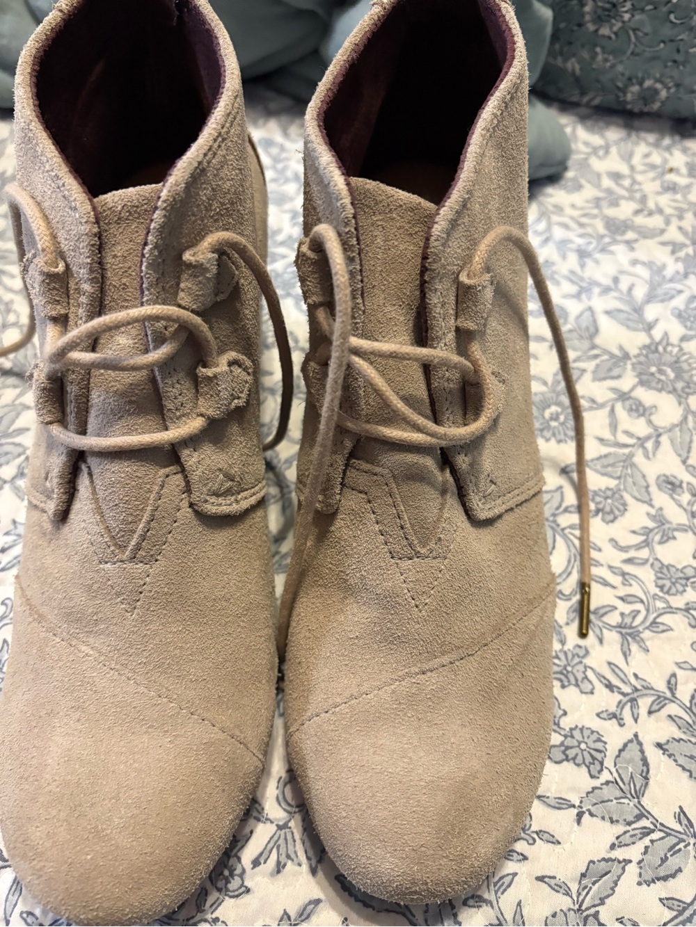 Toms Beige Suede Lace-Up Ankle Booties with wedge heel